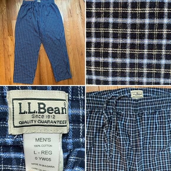 LL Bean Mens Blue Check Large Cotton Flannel Lounge Pajama Pant Sz LG EUC - Picture 1 of 7